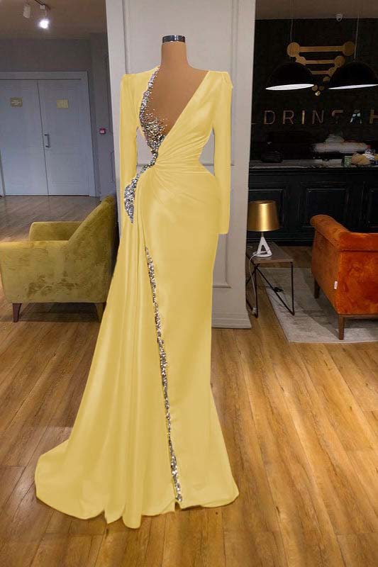 Charming Long Sleeves Yellow Split Long Prom Dress With Beadings Sequins BMBRIDE