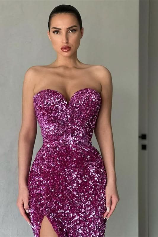 Purple Sweetheart Mermaid Evening Dress with Sequins and Split BM bride