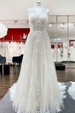 Elegant V-Neck Long A-Line Lace Wedding Dress with Tulle and Spaghetti Straps BM bride