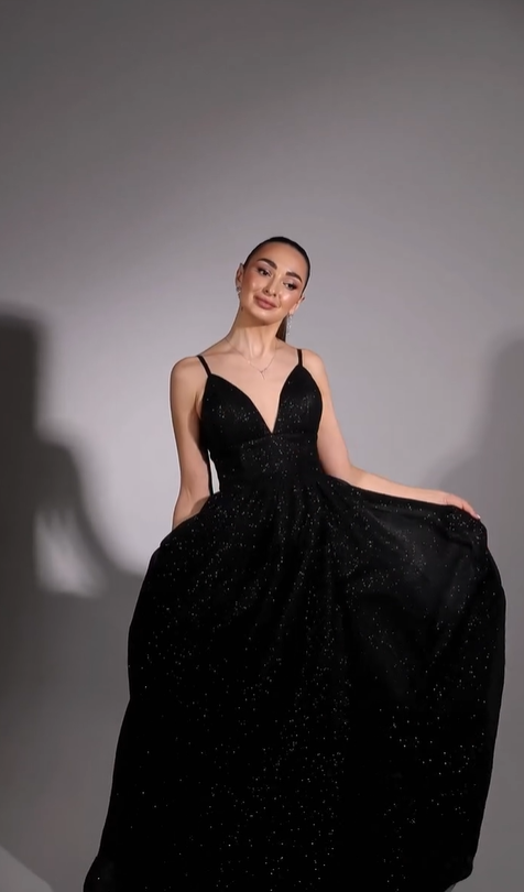 Shining Black Sequins Deep V Neck Spaghetti Strap Long Prom Dress With Split