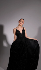 Shining Black Sequins Deep V Neck Spaghetti Strap Long Prom Dress With Split