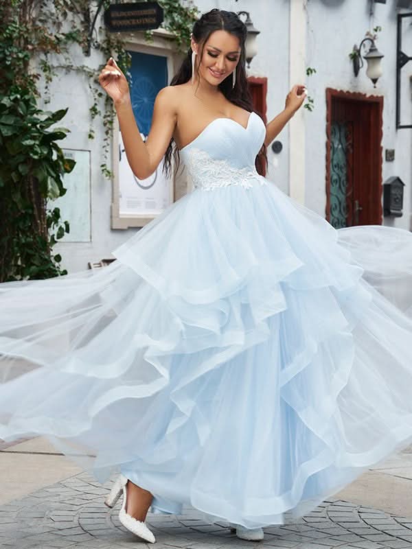 Baby Blue Long Tulle Prom Dress with Applique BM bride