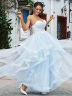 Baby Blue Long Tulle Prom Dress with Applique BM bride