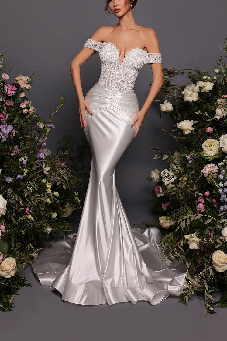 Off The Shoulder Sleeveless Long Mermaid Prom Dress With Pleated BMBRIDE