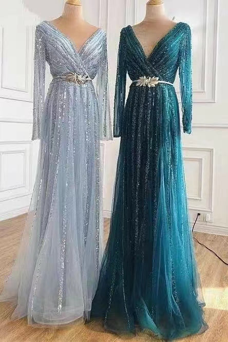 Long Sleeves Deep V-Neck Sequins Evening Dress with Beads and Tulle BM bride