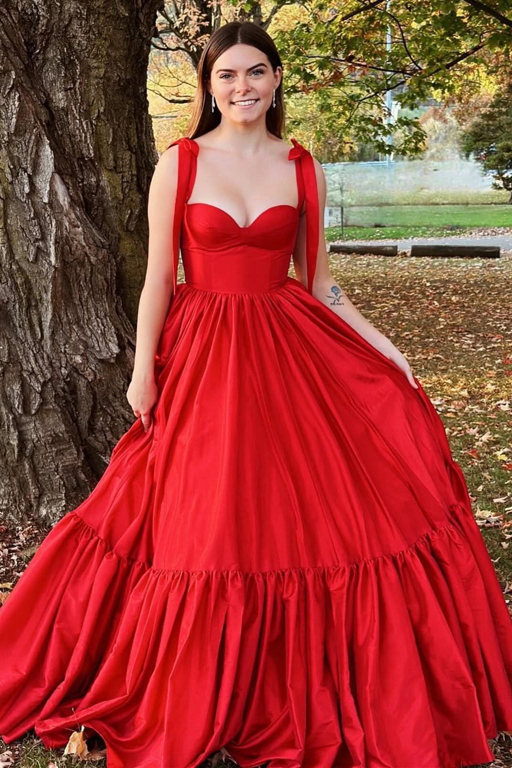 Daring Red Sweetheart Bow Strap A-Line Long Prom Dress with a Captivating Slit BM bride