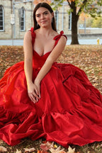 Daring Red Sweetheart Bow Strap A-Line Long Prom Dress with a Captivating Slit BM bride
