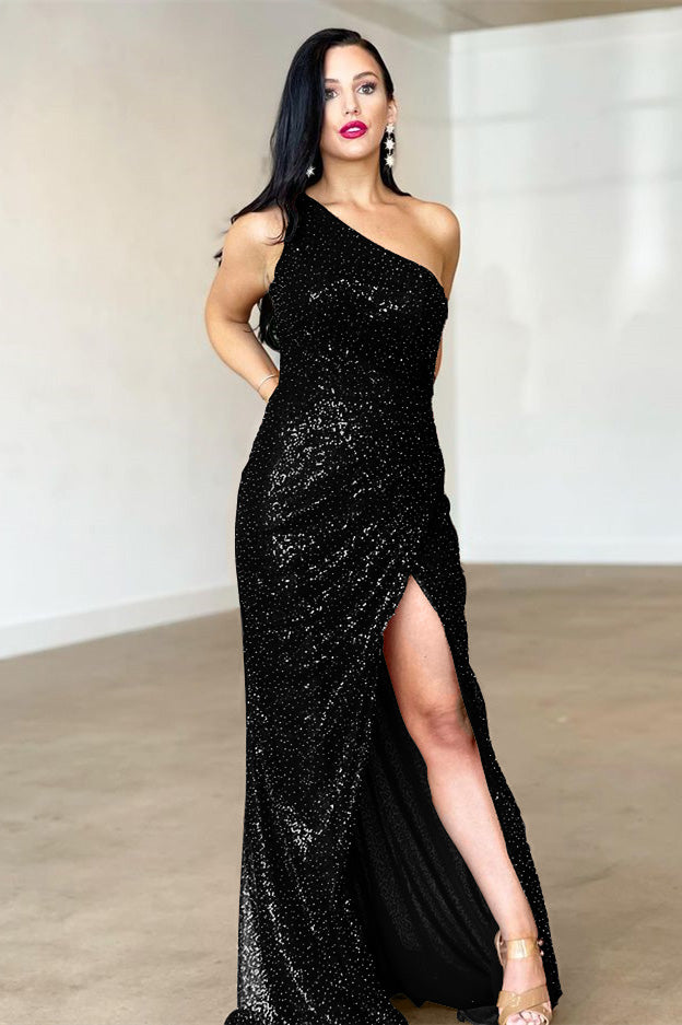 Burgundy One-Shoulder Backless Mermaid Evening Dress with Split BM bride