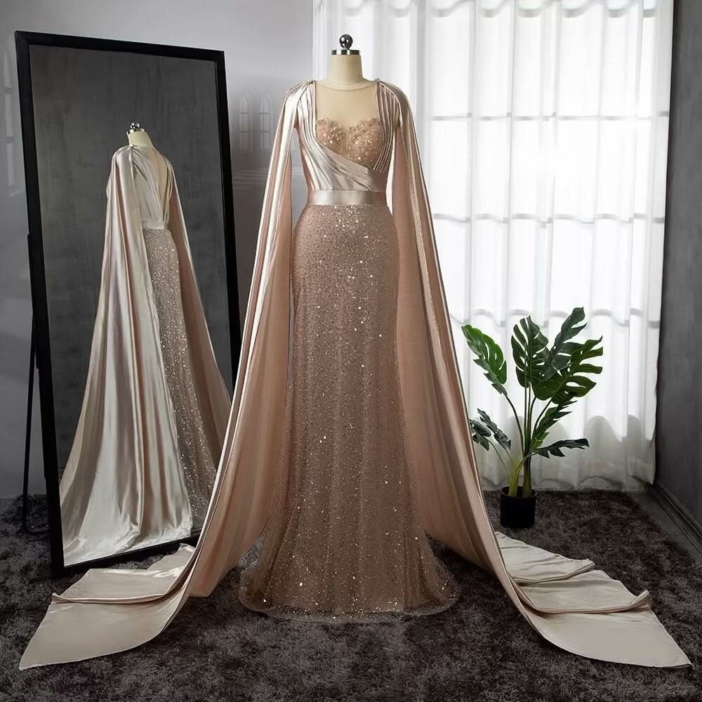 Gorgeous Pink Beaded Mermaid Evening Dress with Removable Cape BM bride