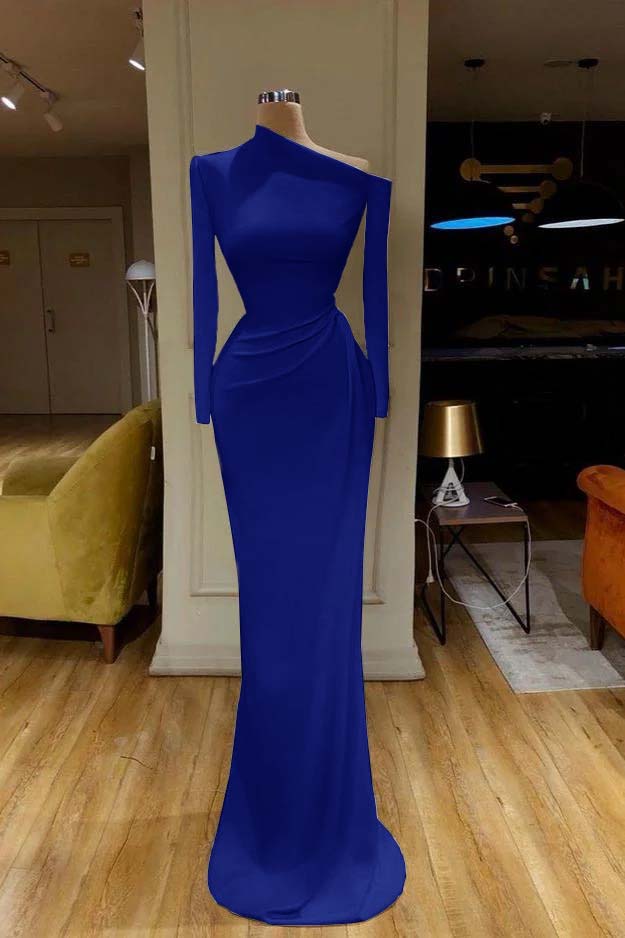 Charming White One Shoulder Mermaid Long Sleeves Prom Dress With Pleated BMBRIDE