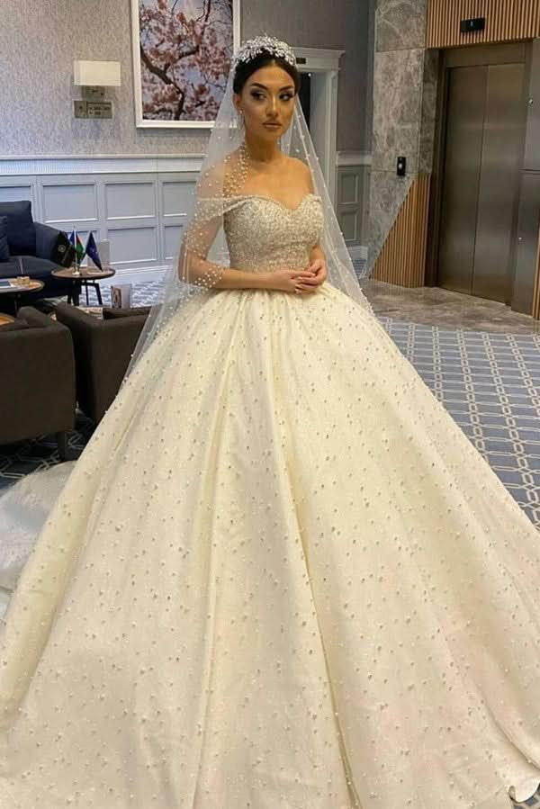 Sweetheart Off-the-Shoulder Backless Ball Gown Wedding Dress with Pearl Beading and Ruffles BM bride