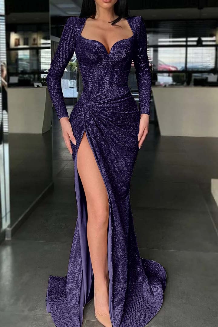 Long Sleeves High Split Long Prom Dress Mermaid With Sequins BMBRIDE