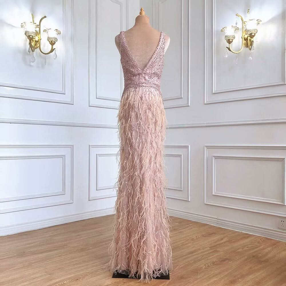 Luxury Pink Beaded Evening Dress with Feather Detail and Mermaid Silhouette BM bride