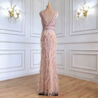 Luxury Pink Beaded Evening Dress with Feather Detail and Mermaid Silhouette BM bride