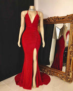 Charming Sleeveless Red Halter V Neck Pleated Prom Dress With Front Split