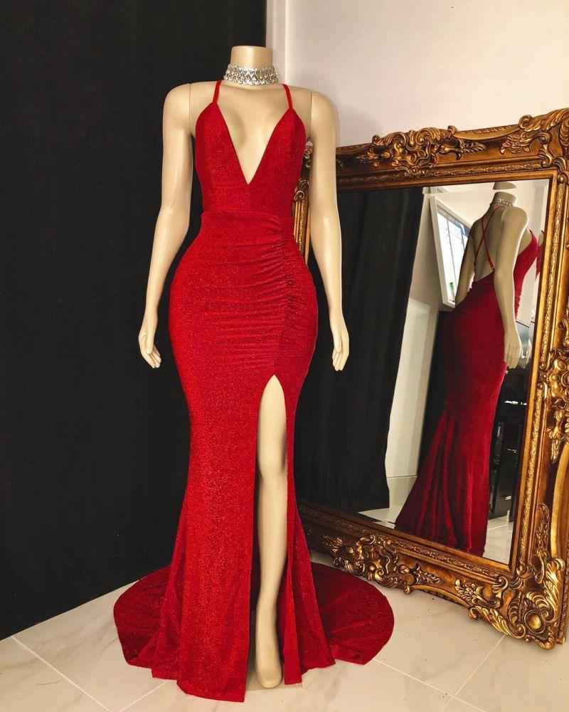 Charming Sleeveless Red Halter V Neck Pleated Prom Dress With Front Split