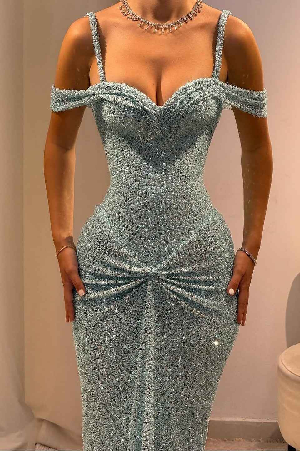 Off the Shoulder Sleeveless Long Mermaid Prom Dress With Sequins