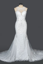 Mermaid Scoop Neck Jewel Wedding Dress with Beadings and Appliques BM bride