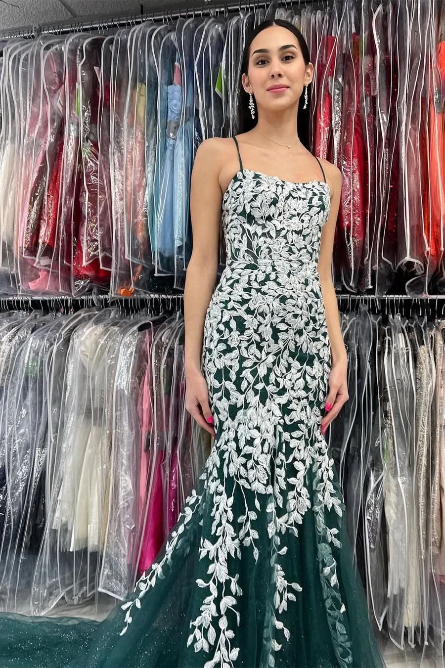 Chic Mermaid Spaghetti Straps Lace Tulle Prom Dress BM bride