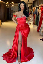 Red Off-the-Shoulder Sweetheart Beaded Mermaid Evening Dress with Split and Ruffles BM bride