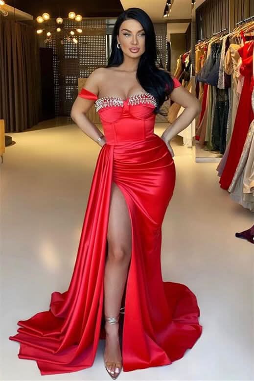 Red Off-the-Shoulder Sweetheart Beaded Mermaid Evening Dress with Split and Ruffles BM bride