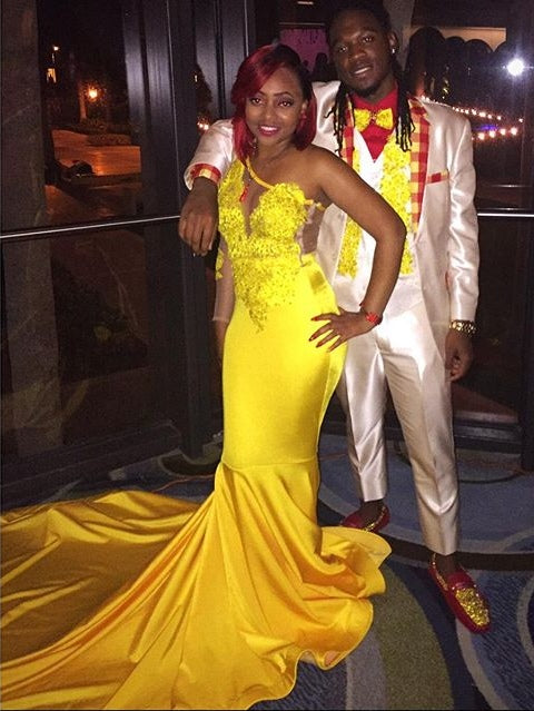 Yellow One-Shoulder Long Sleeve Mermaid Prom Dress with Appliques BM bride