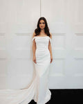 White Chiffon Off the Shoulder Lace Neck With Split Mermaid Prom Dress