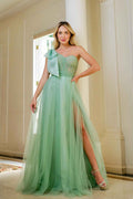 Sage Green One Shoulder Sweetheart Tulle Prom Dress With Split