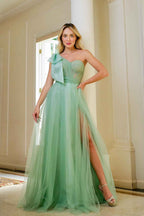 Sage Green One Shoulder Sweetheart Tulle Prom Dress With Split