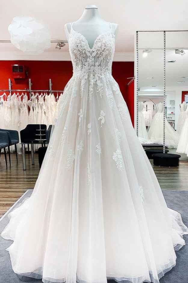 Modest Princess V-Neck Spaghetti Strap Wedding Dress with Ruffles and Lace Tulle BM bride