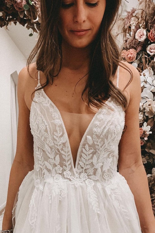 Long A-line V-neck Wedding Dress Open Back With Slit Lace Tulle BM bride