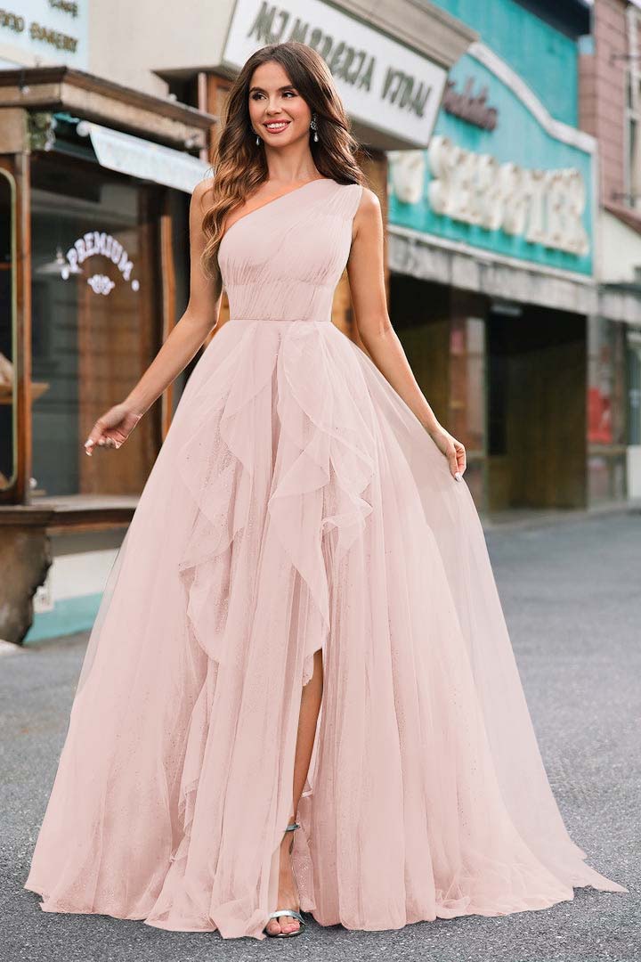 One Shoulder Sleeveless Long Split Prom Dress With Sequins Tulle