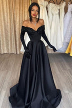 Black Off-the-Shoulder Mermaid Prom Dress with Gloves BM bride