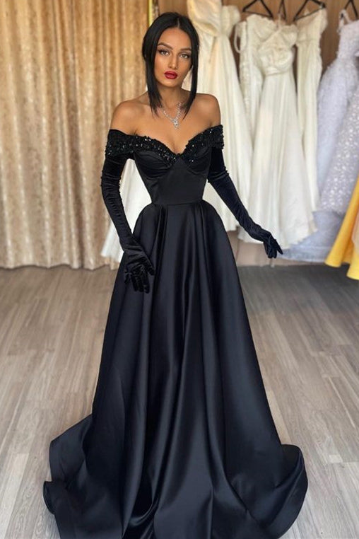 Black Off-the-Shoulder Mermaid Prom Dress with Gloves BM bride
