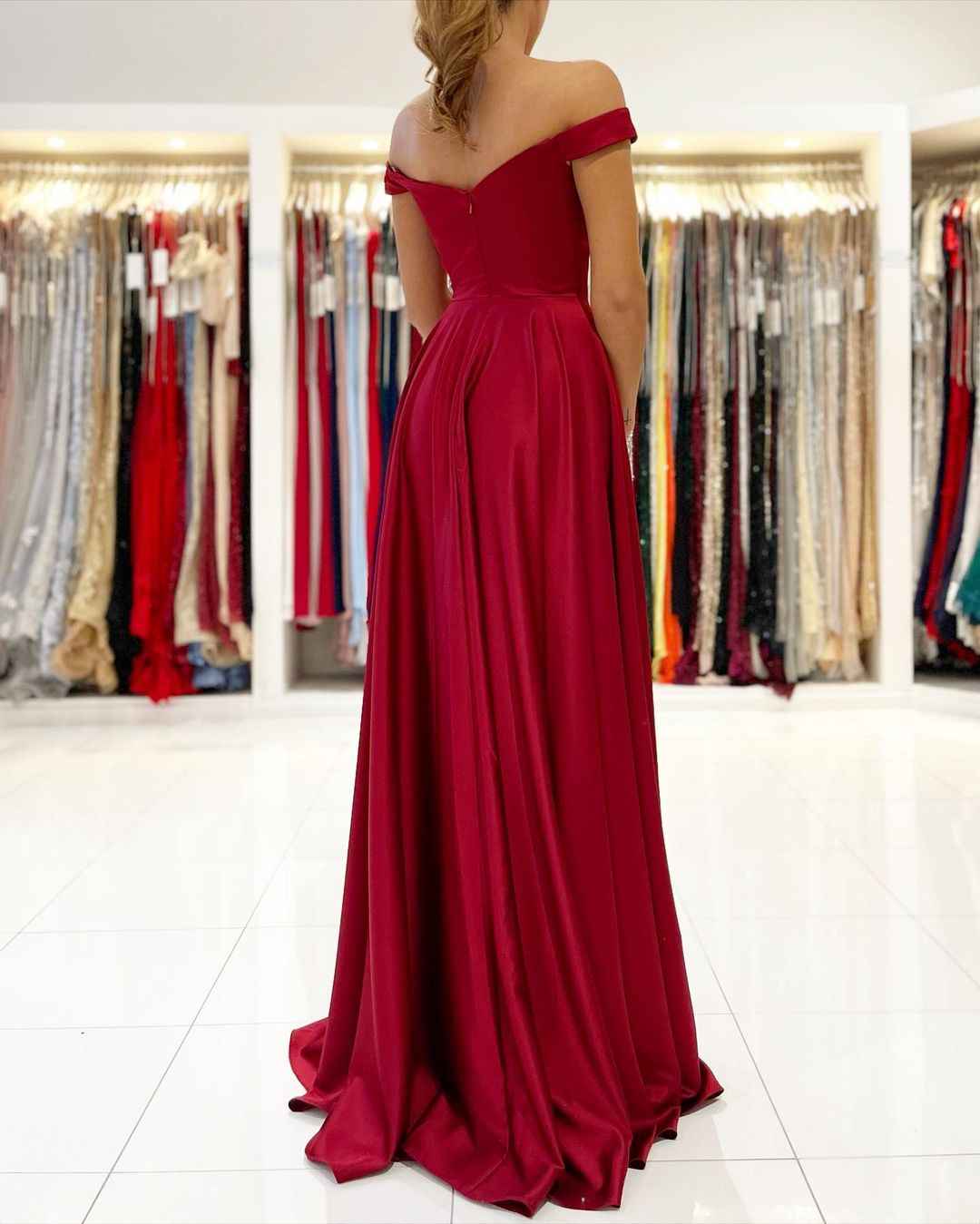 Off the Shoulder Sweetheart Sleeveless A Line Burgundy Prom Dress With Split