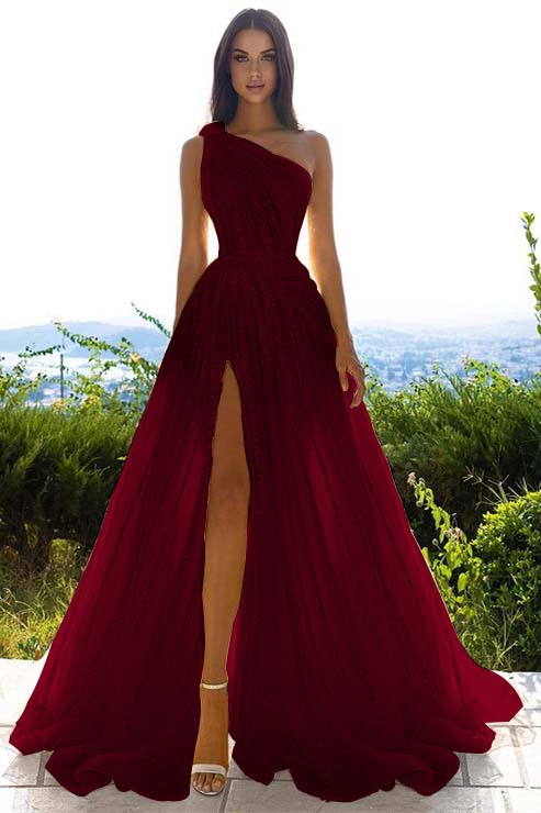 Tulle Sequins One Shoulder A Line Long Prom Dress Daffodil With Front Split