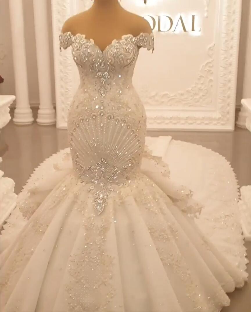Off-the-Shoulder Floor-Length Backless Mermaid Wedding Dress with Crystal BM bride
