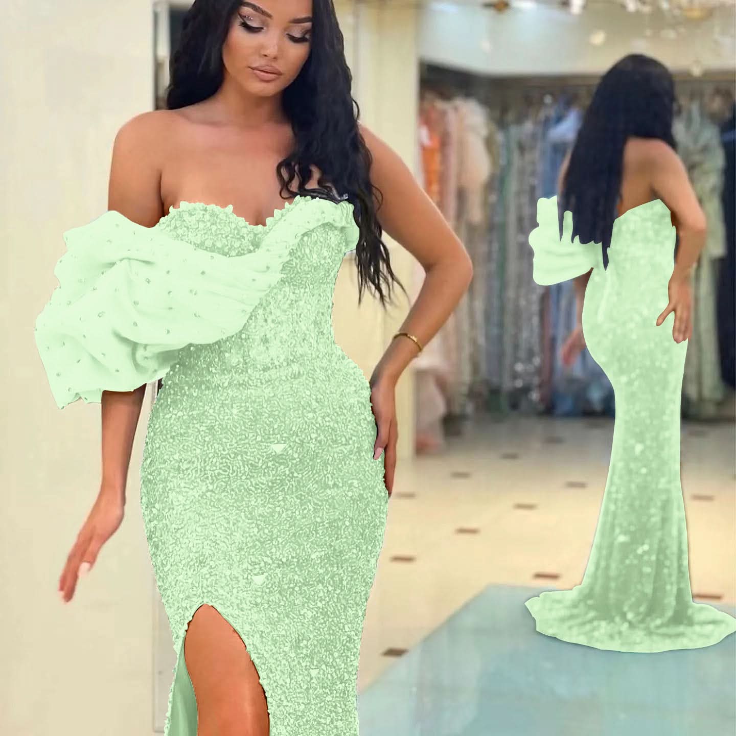 Gorgeous Off-The-Shoulder One Shoulder Sweetheart Mermaid Evening Dress with Sequins BM bride