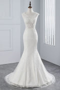 Jewel Neck Sleeveless Long Mermaid Wedding Dress with Tulle Lace Appliques BM bride