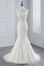 Jewel Neck Sleeveless Long Mermaid Wedding Dress with Tulle Lace Appliques BM bride