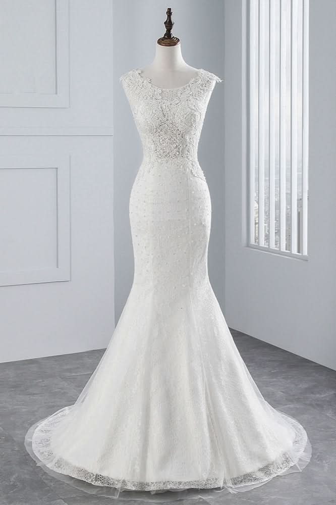 Jewel Neck Sleeveless Long Mermaid Wedding Dress with Tulle Lace Appliques BM bride