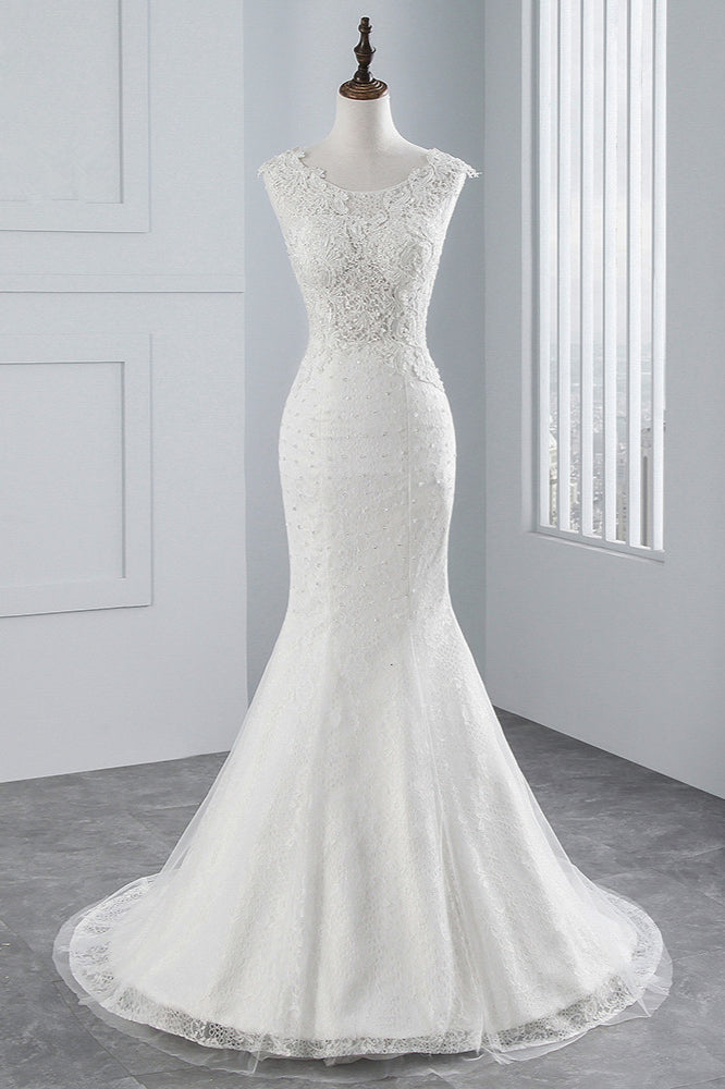 Jewel Neck Sleeveless Long Mermaid Wedding Dress with Tulle Lace Appliques BM bride