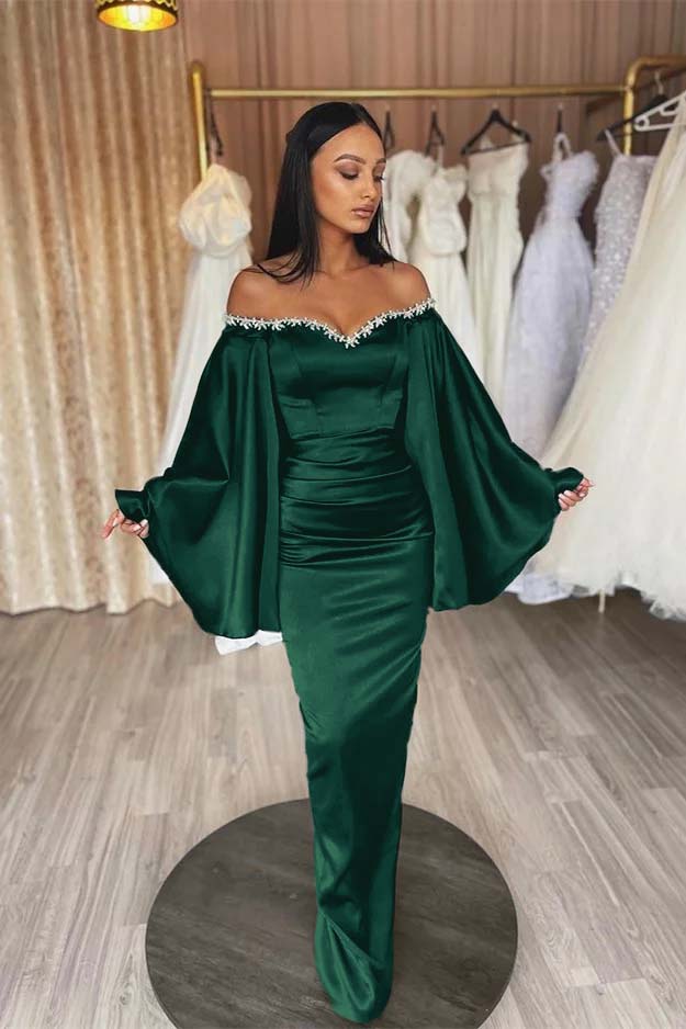 Off the Shoulder Long Sleeves Pleated Long Prom Dress With Beading BMBRIDE