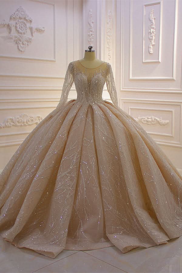 Bateau Long Sleeve Floor-Length Ball Gown Wedding Dress with Ruffles BM bride