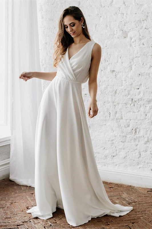 V-Neck Sleeveless Long Wedding Dress BM bride