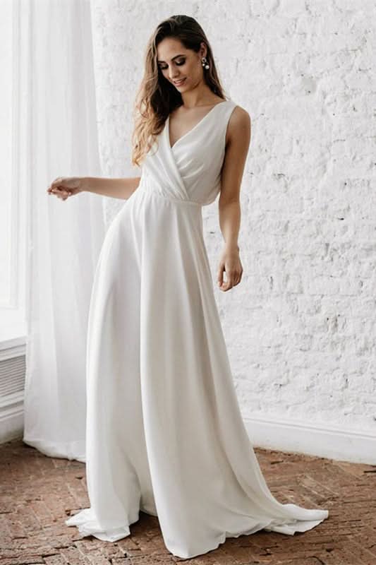 V-Neck Sleeveless Long Wedding Dress BM bride