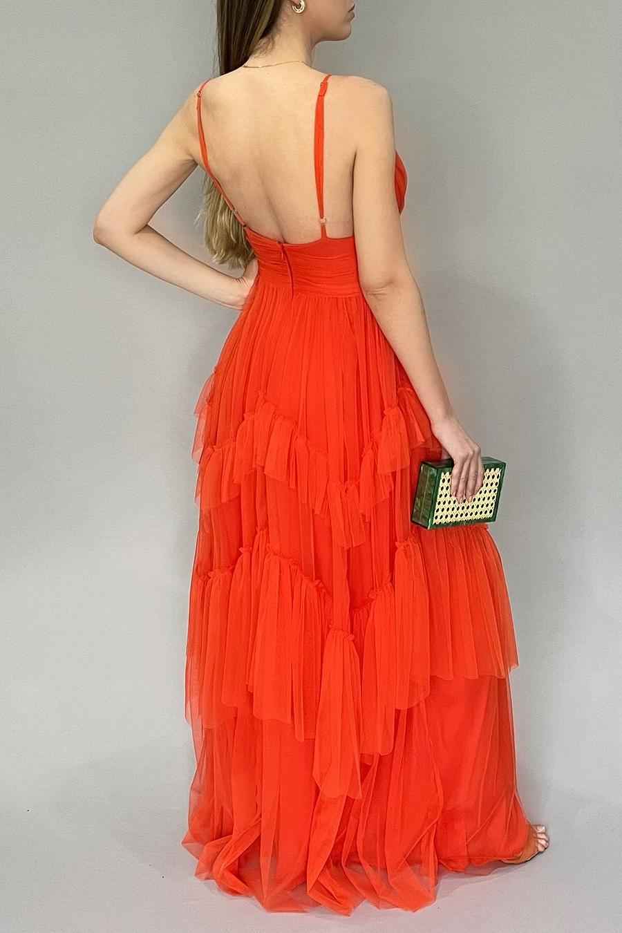 Tulle Spaghetti Strap V Neck Sleeveless Backless Long Prom Dress