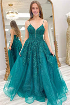 Chic Spaghetti Strap Sleeveless A Line Long Tulle Prom Dress With Appliques
