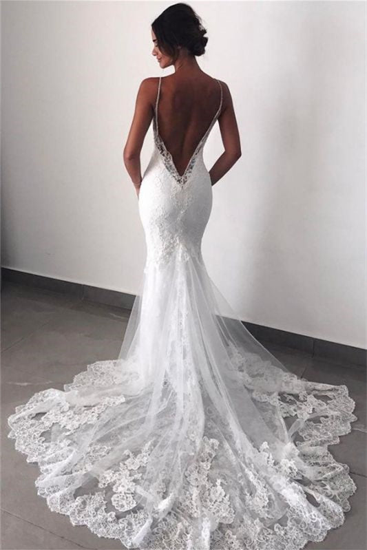 Spaghetti Strap Mermaid Lace Wedding Dress with Appliques BM bride