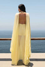 Deep V Neck Backless Long A Line Prom Dress With Ruffles Pleated